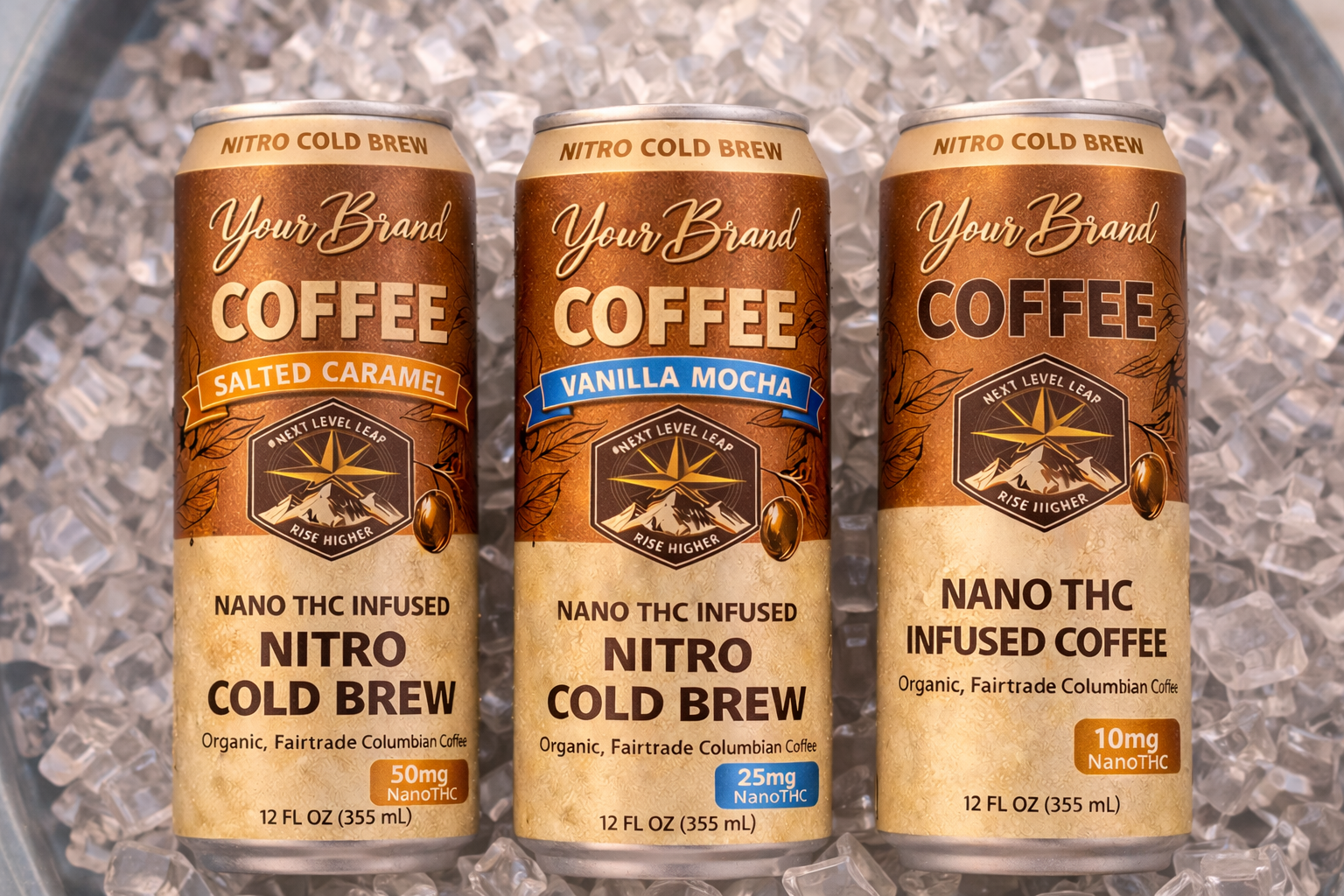 Canned infused beverages on ice representing water-soluble THC drink formulation