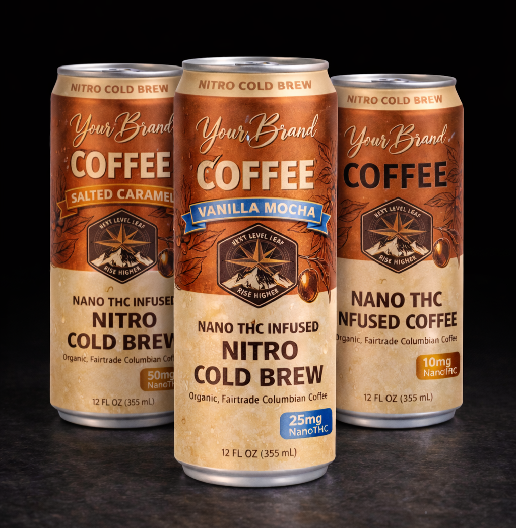 White label THC coffee cans displayed in a premium hero layout