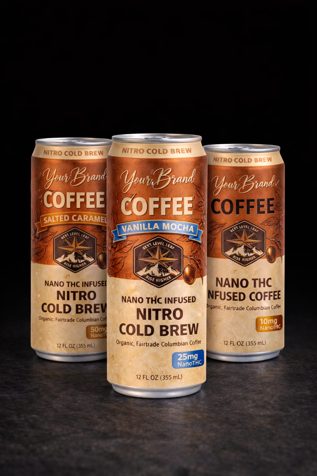 three infused coffee flavors displayed as a premium coffee product lineup