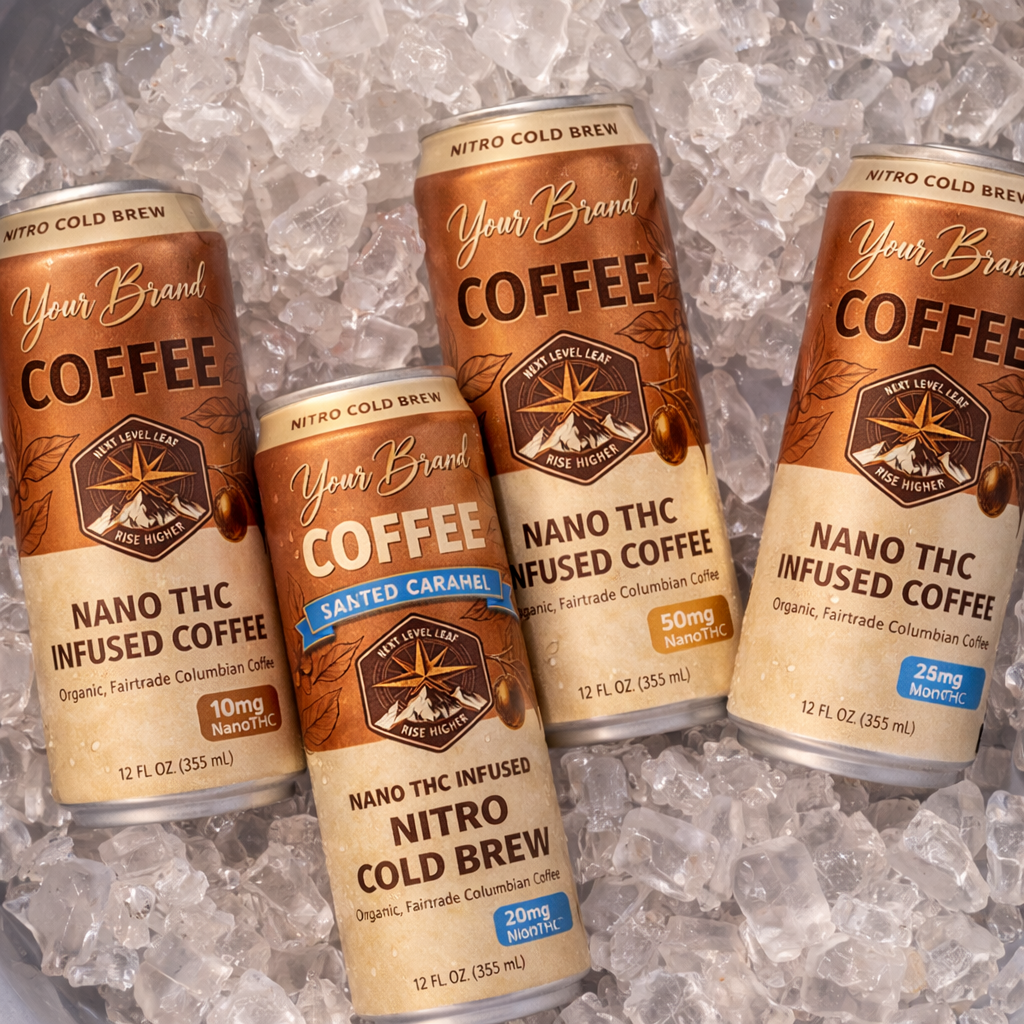 Infused beverage cans on ice representing THC beverage shelf life and stability planning