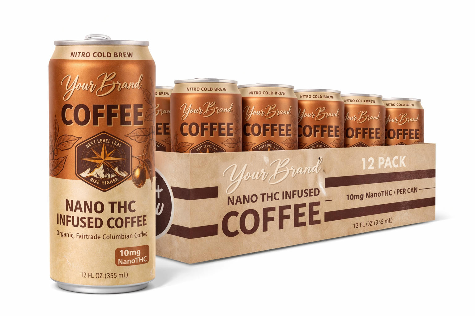 Case tray of infused coffee cans for production and launch planning