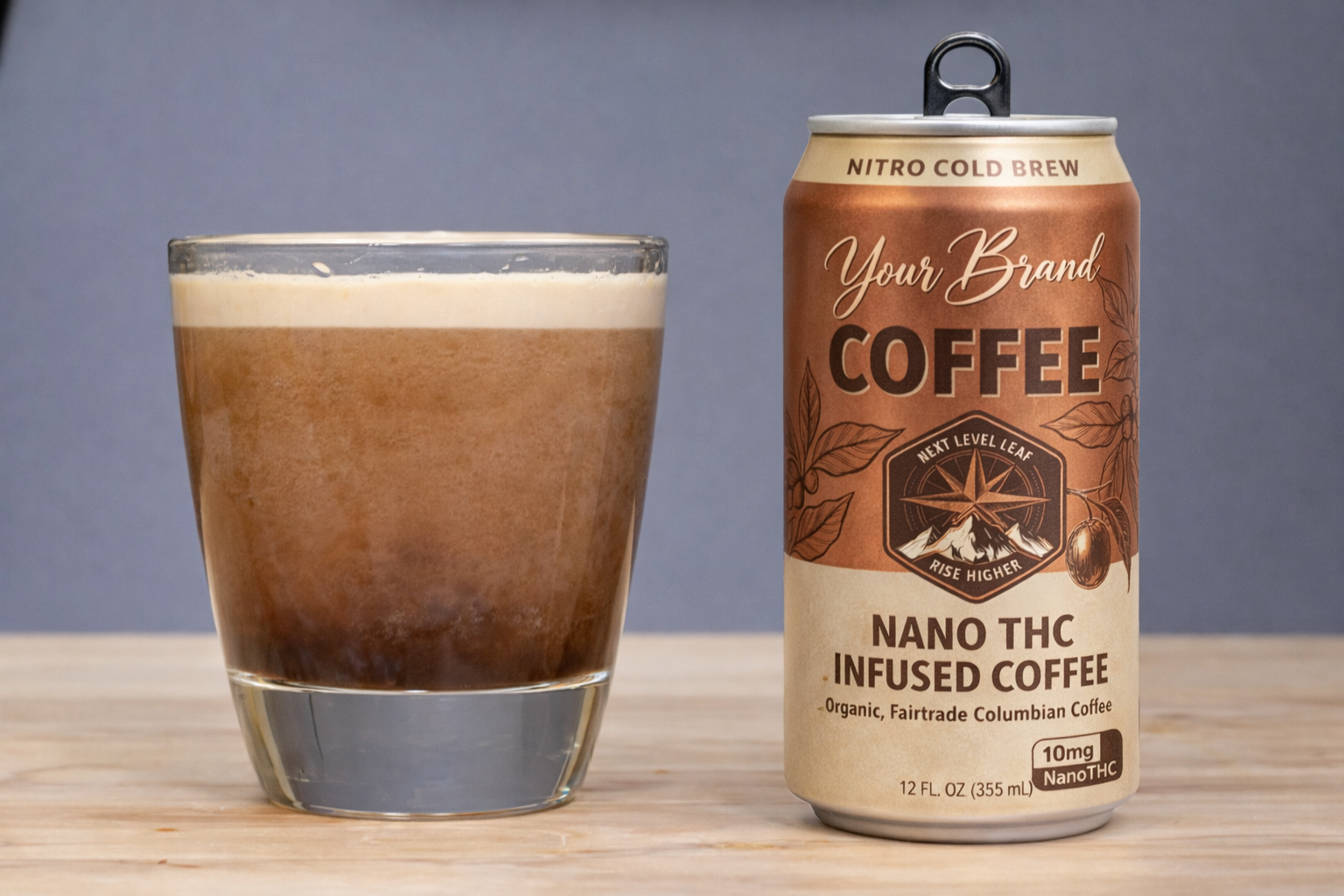 single can of infused nitro coffee with glass pour for THC coffee formulation