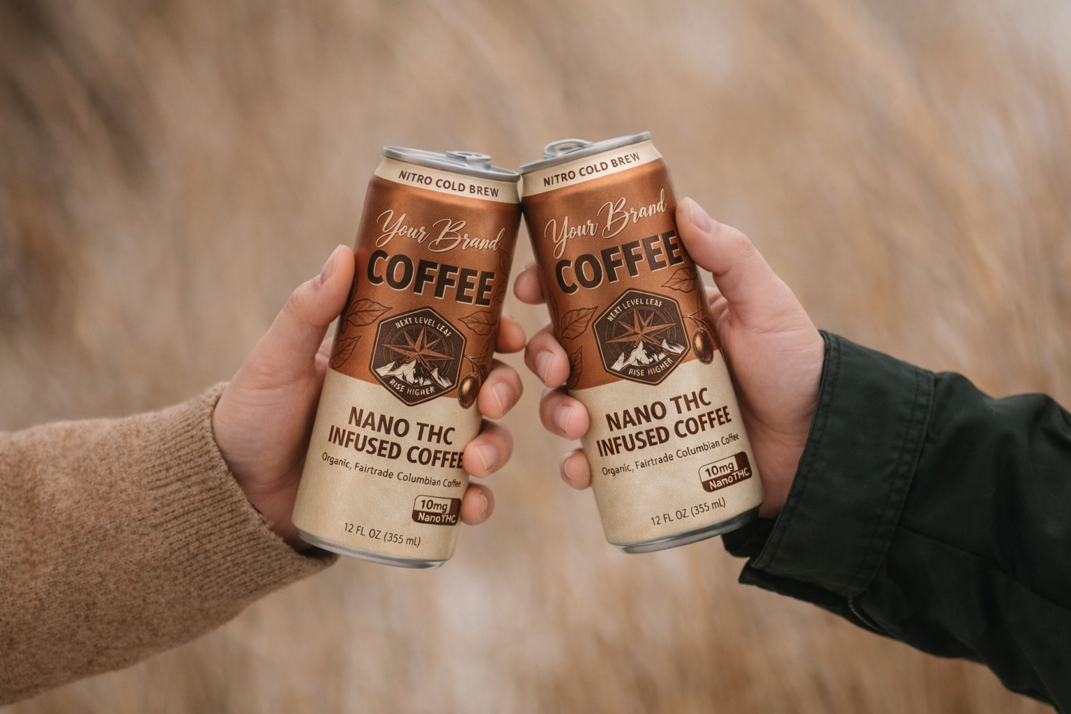 Two infused coffee cans in a lifestyle cheers setting