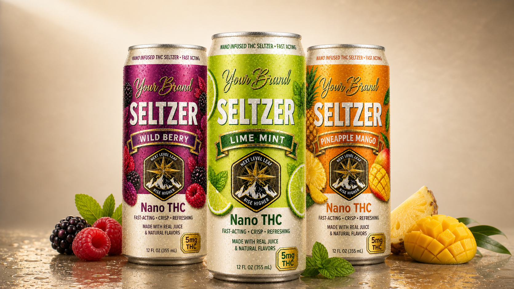 THC seltzers on a counter representing New Jersey hemp-derived THC beverage compliance and white-label beverage manufacturing