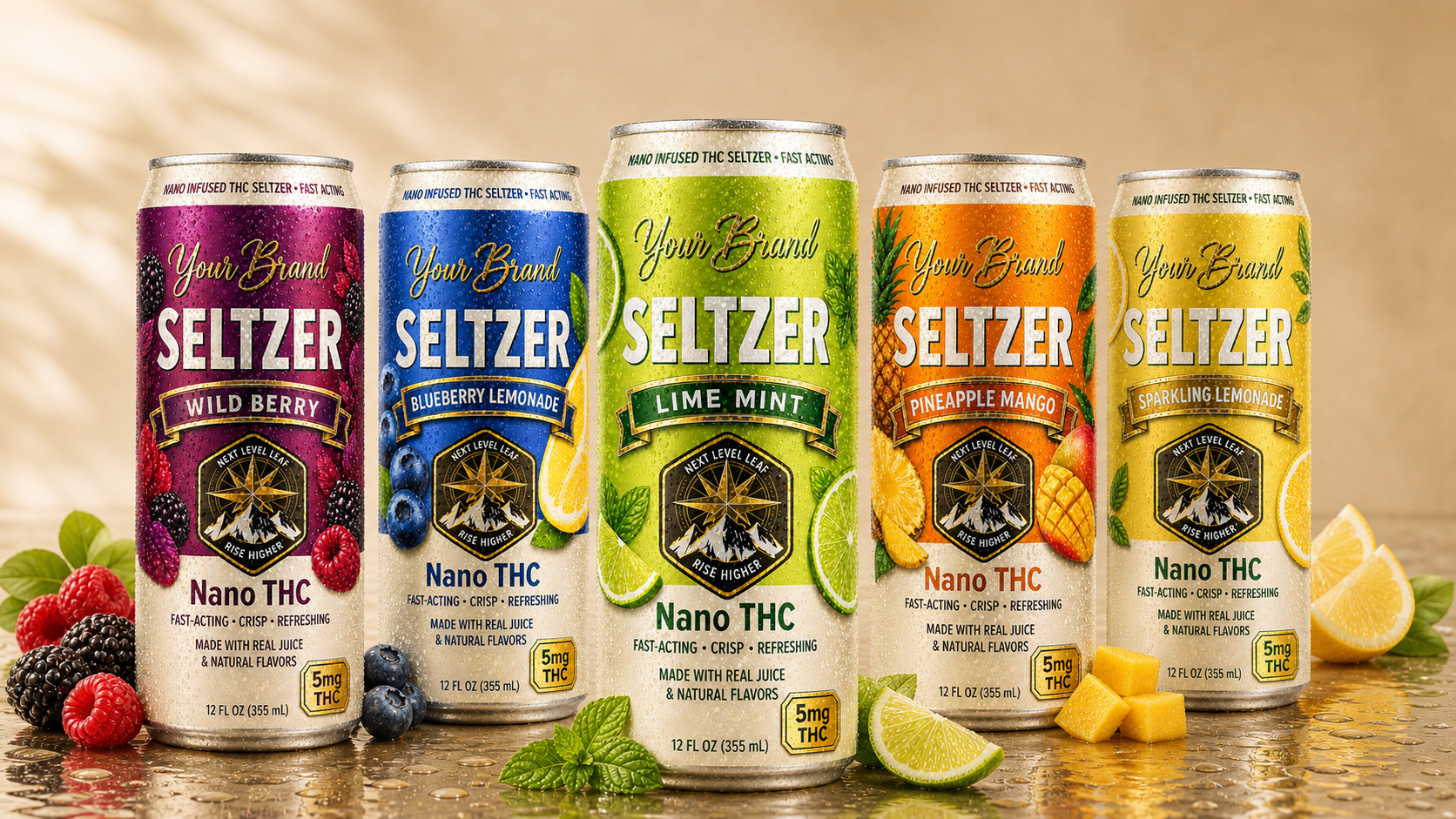 THC seltzer cans on a counter representing Tennessee hemp-derived THC beverage compliance and white-label beverage manufacturing