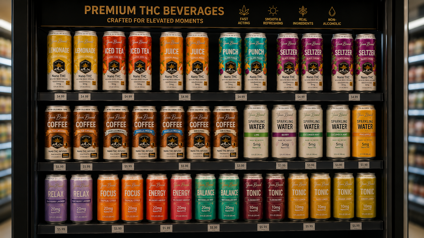 grocery store cooler display concept for low-dose THC beverages and mainstream retail planning