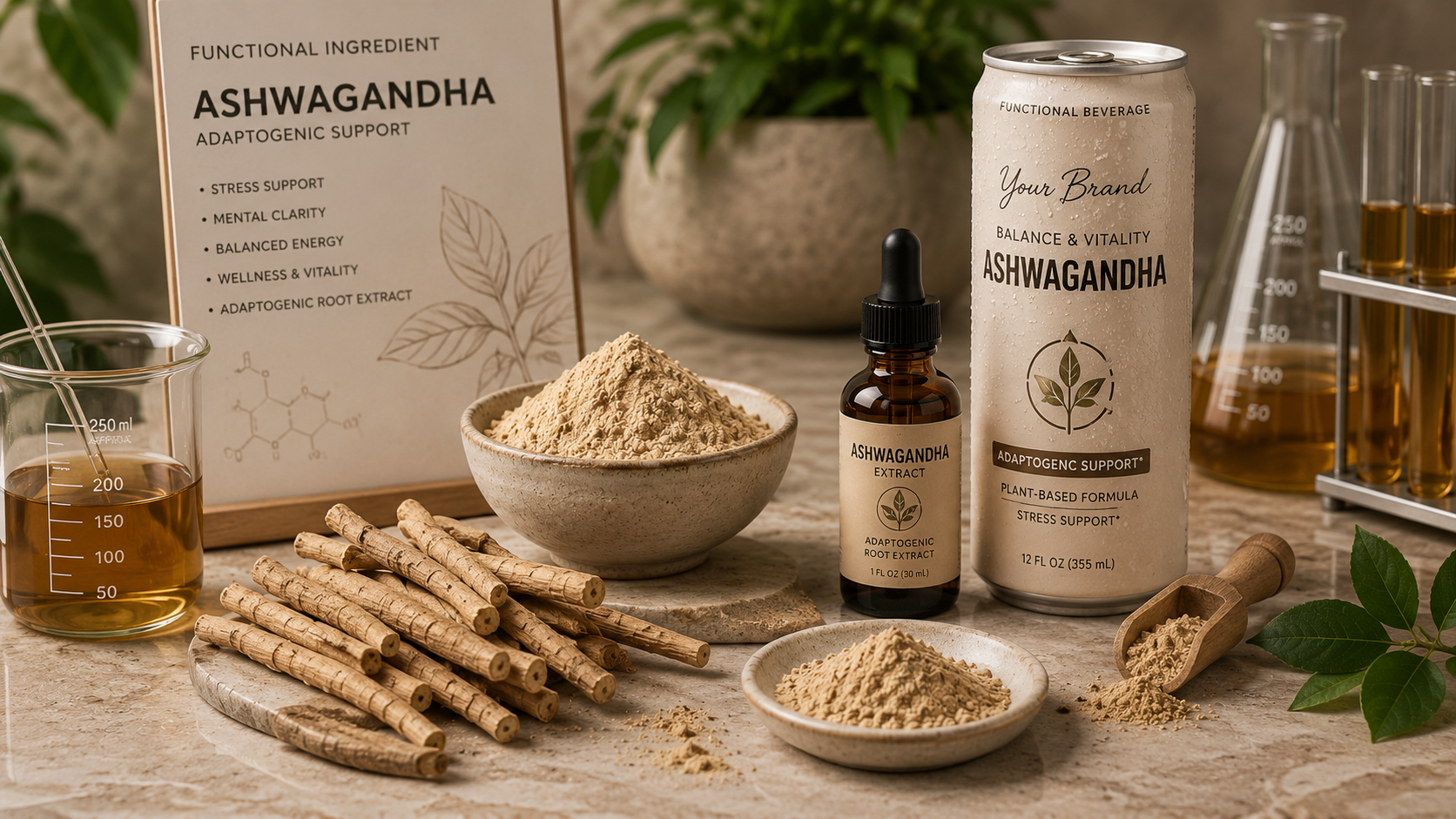 ashwagandha root and botanical ingredients for adaptogenic THC beverage formulation