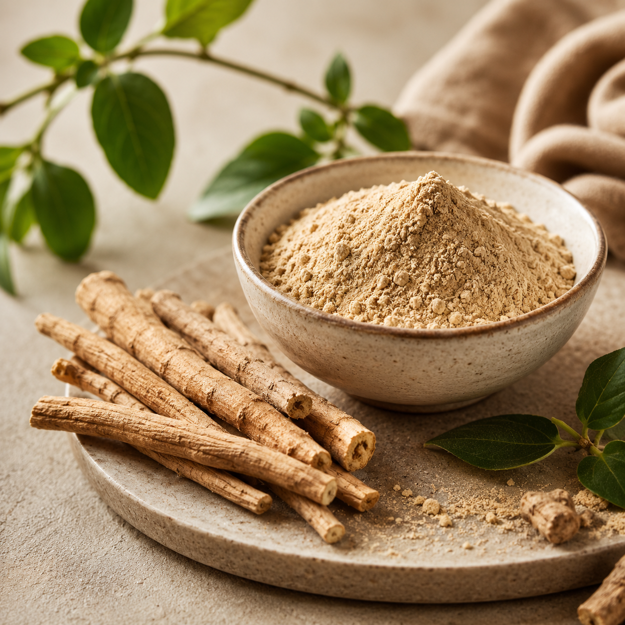 ashwagandha ingredient image with root and functional beverage formulation materials