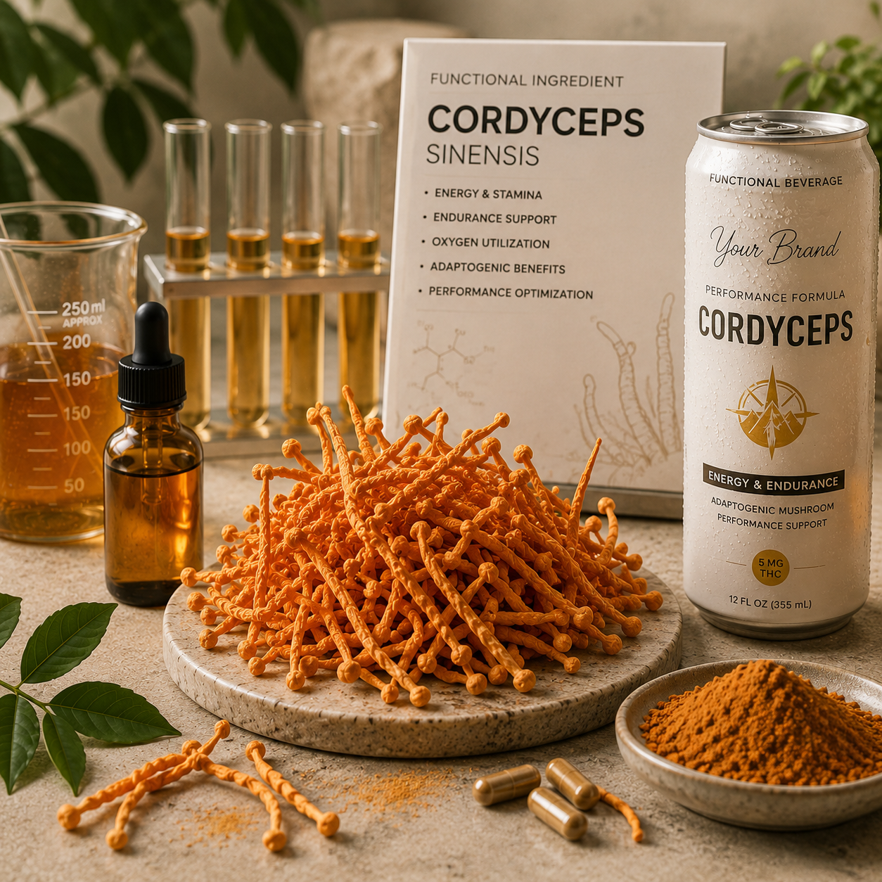 cordyceps mushroom ingredient with active functional beverage formulation elements