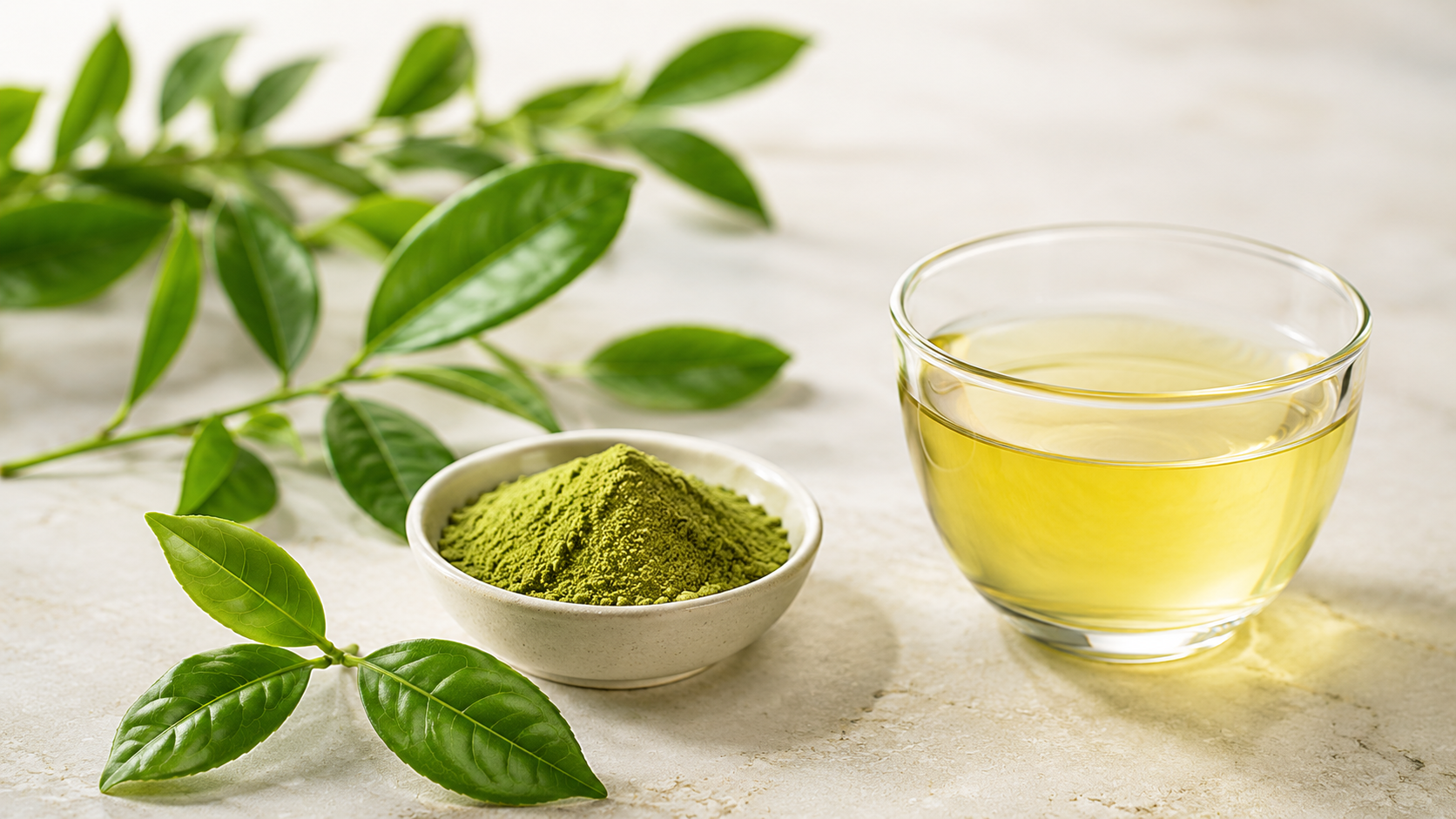 L-theanine ingredient artwork with tea leaves and functional beverage can for THC drink planning