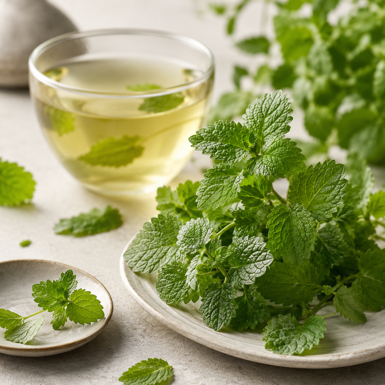 lemon balm ingredient image with botanical beverage formulation materials