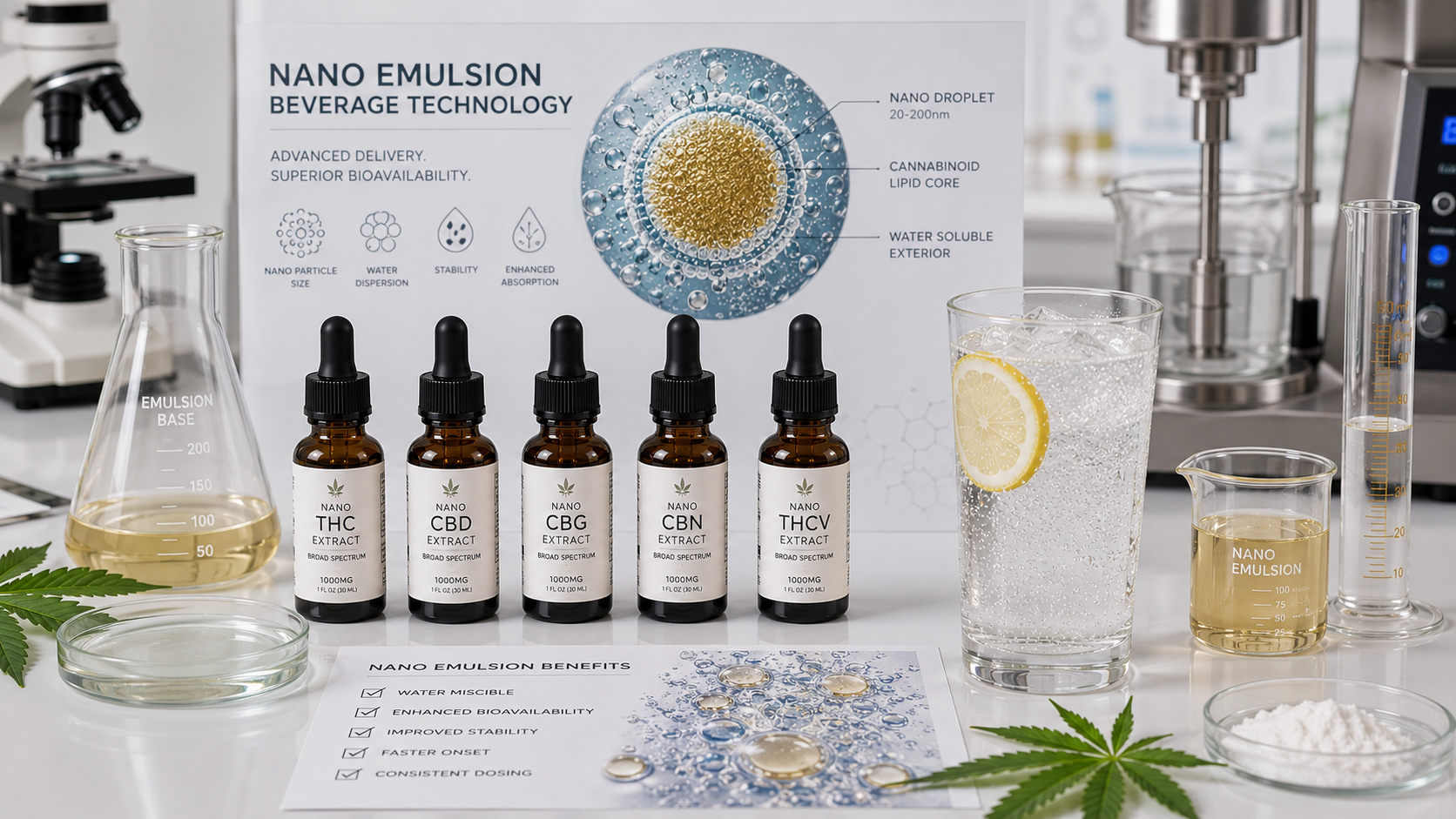 Illustration showing cannabinoid droplets dispersed through a beverage