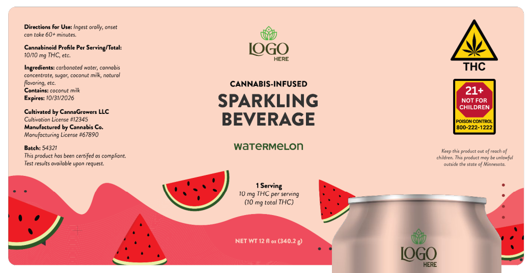 Example THC beverage label showing cannabinoid symbol, potency, and compliance elements
