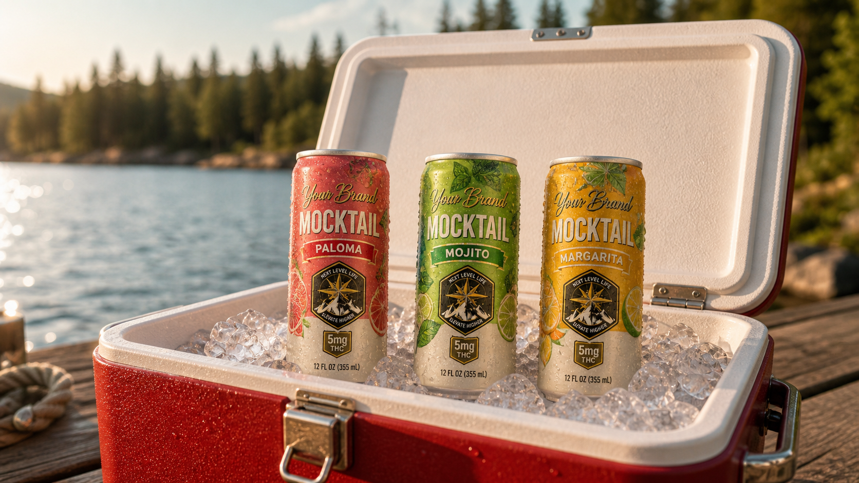THC mocktail and spritzer cans in a red cooler by a mountain lake
