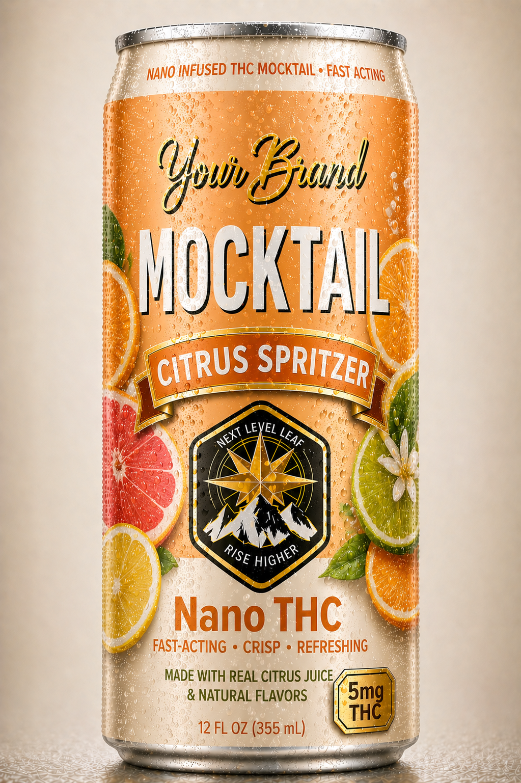 citrus THC fruit spritzer can with citrus fruit and sparkling drink