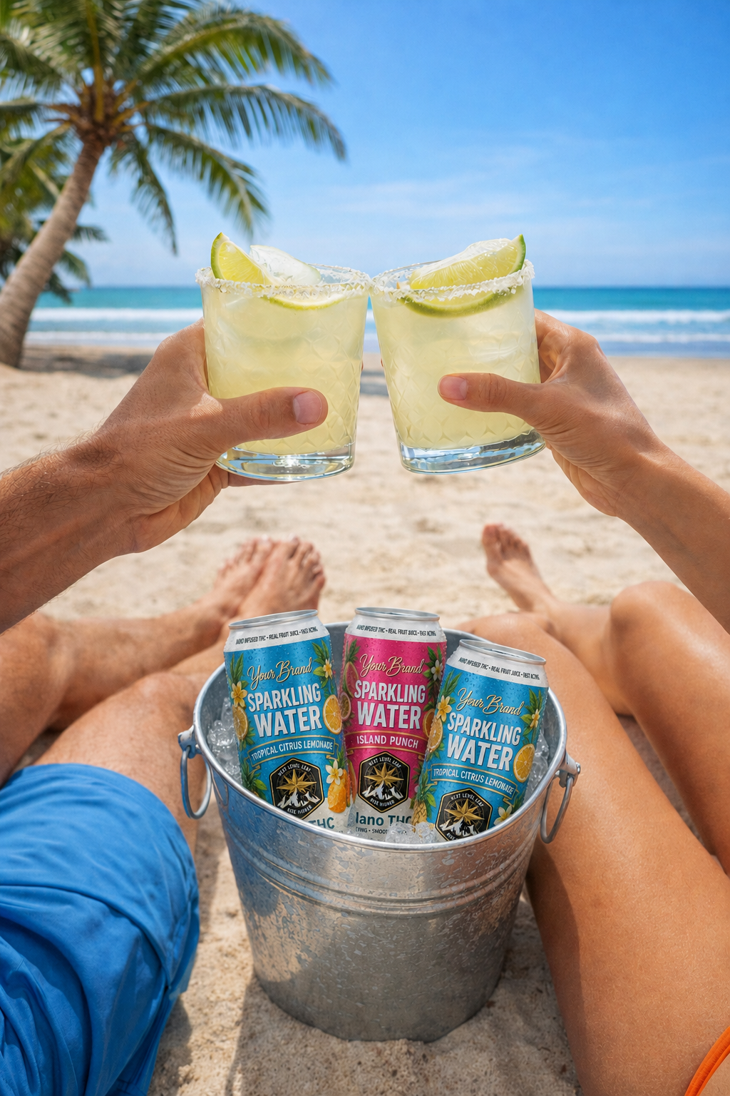 people cheering with real fruit berry THC drinks at the beach