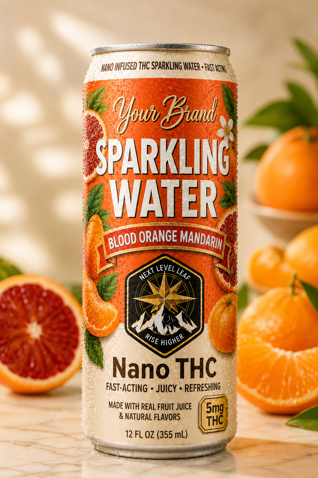 real fruit THC beverage cans with blood orange and mandarin fruit for ingredient planning