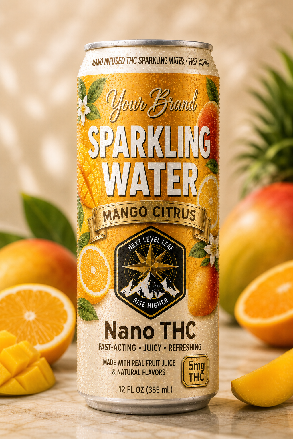 mango citrus THC beverage can with fruit for sweetener and fruit system planning