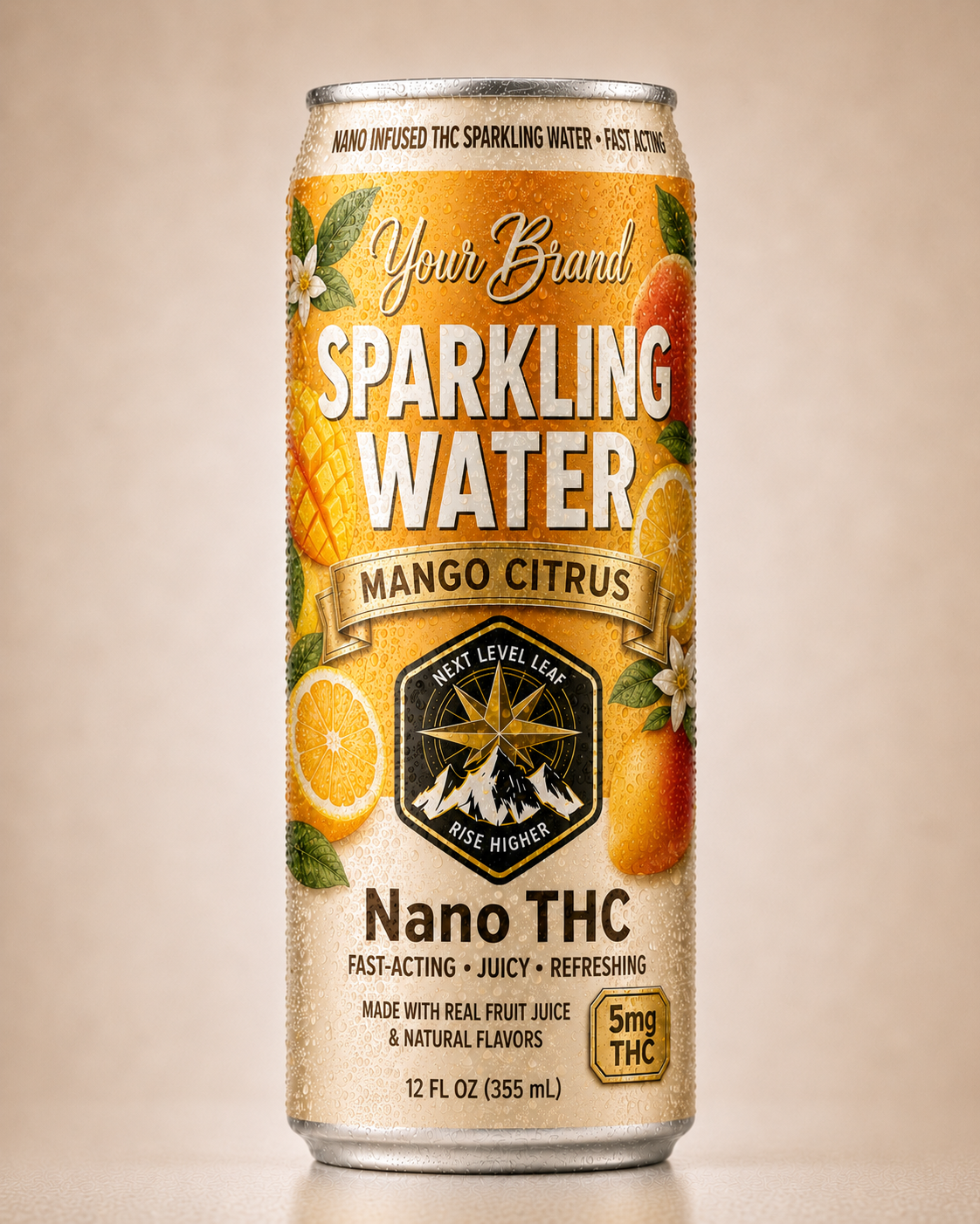 mango citrus tropical THC drink can for beverage brand planning