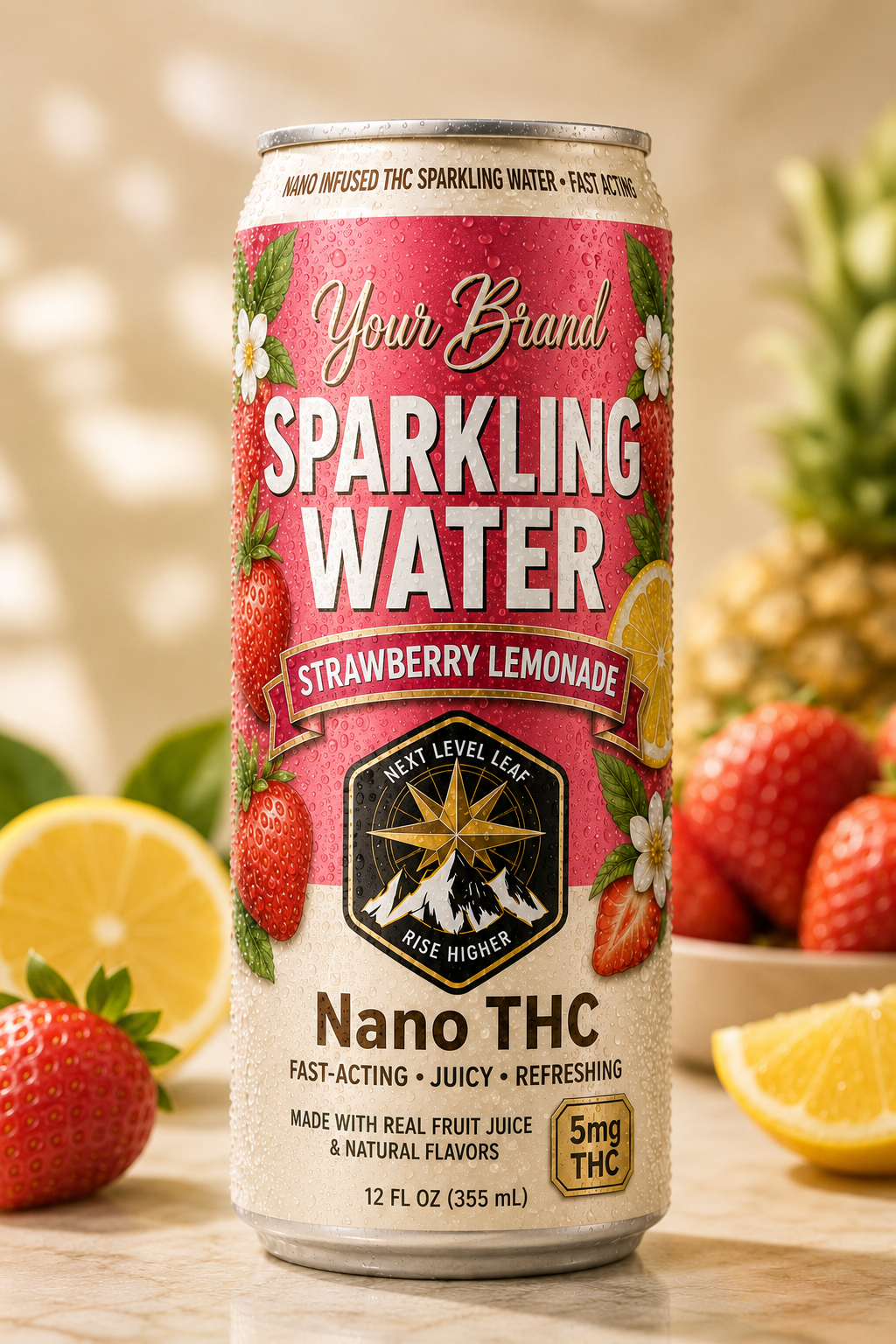strawberry lemonade fruit puree THC beverage can with fruit