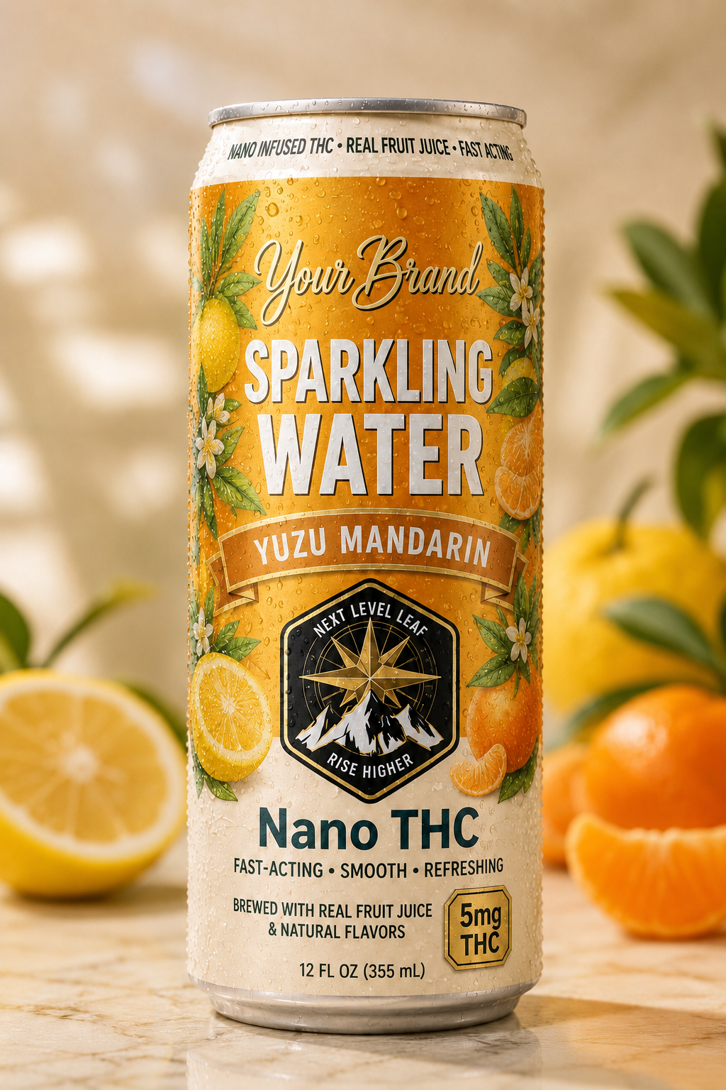 yuzu mandarin real fruit THC drink can for premium citrus beverage concepts
