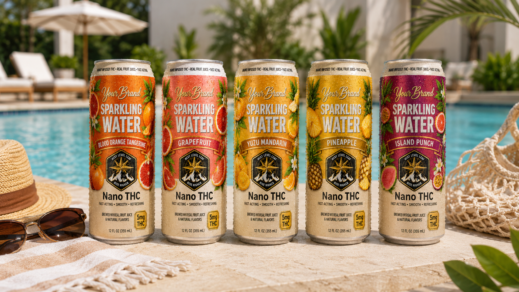 real fruit THC sparkling drinks in a poolside lifestyle setting for beverage brand planning