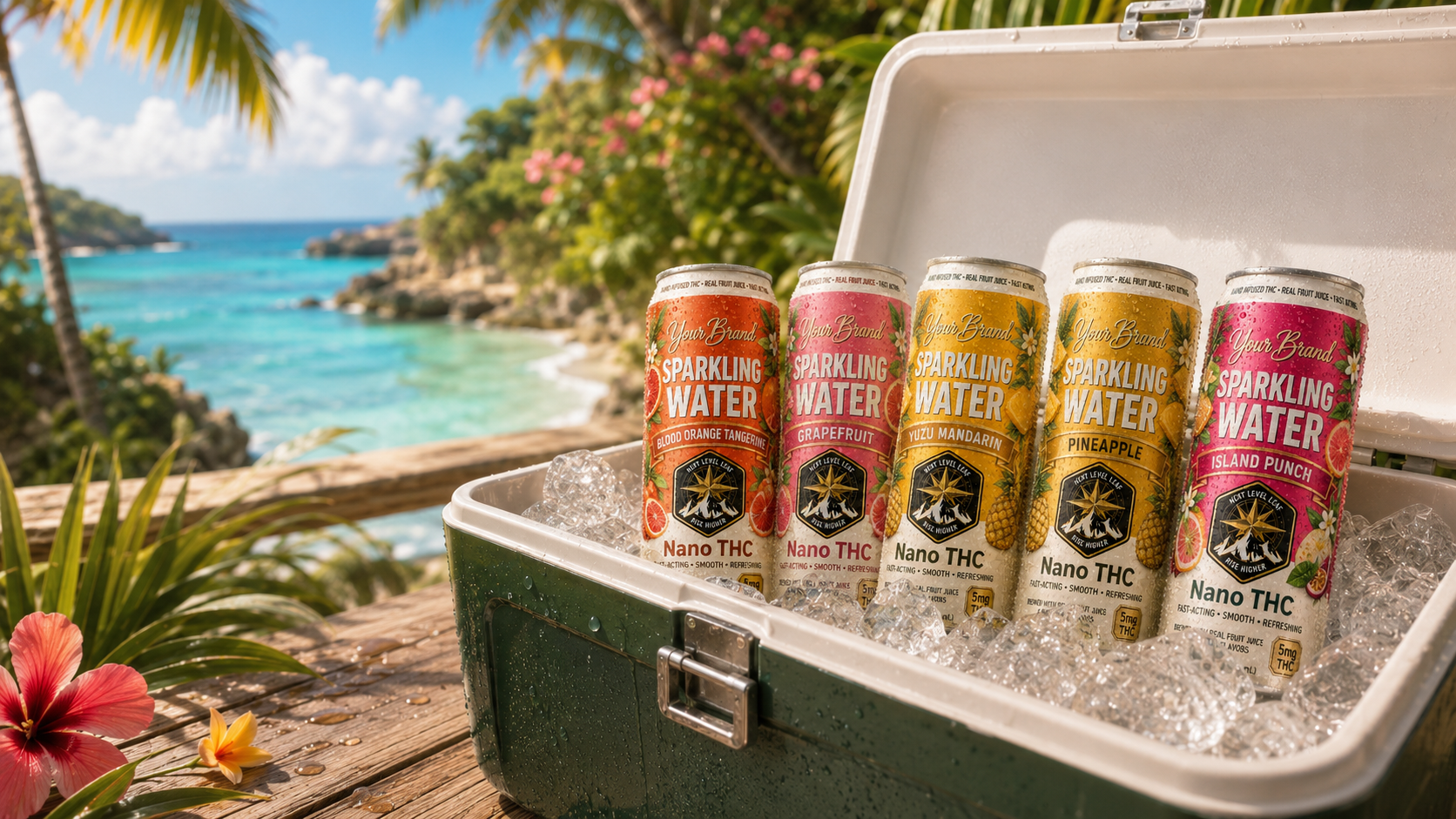 tropical THC drinks in cooler for cannabinoid beverage planning