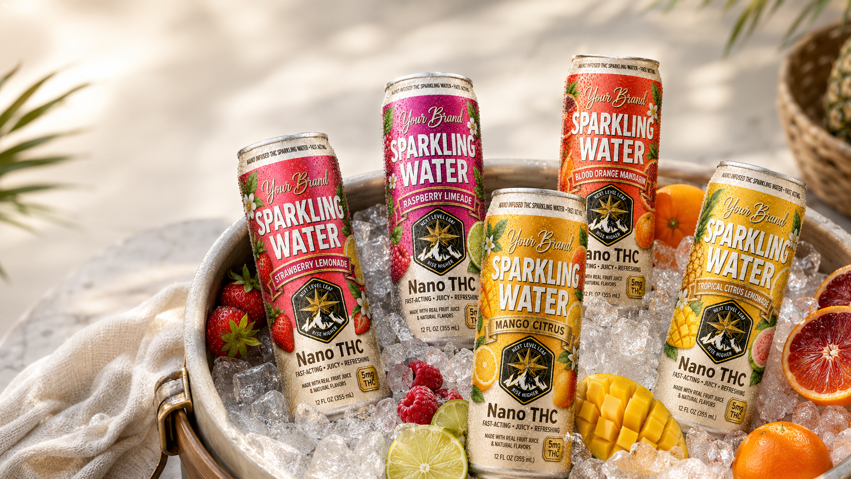 fruit puree THC beverage cans in a beach bucket for premium fruit-forward drink positioning
