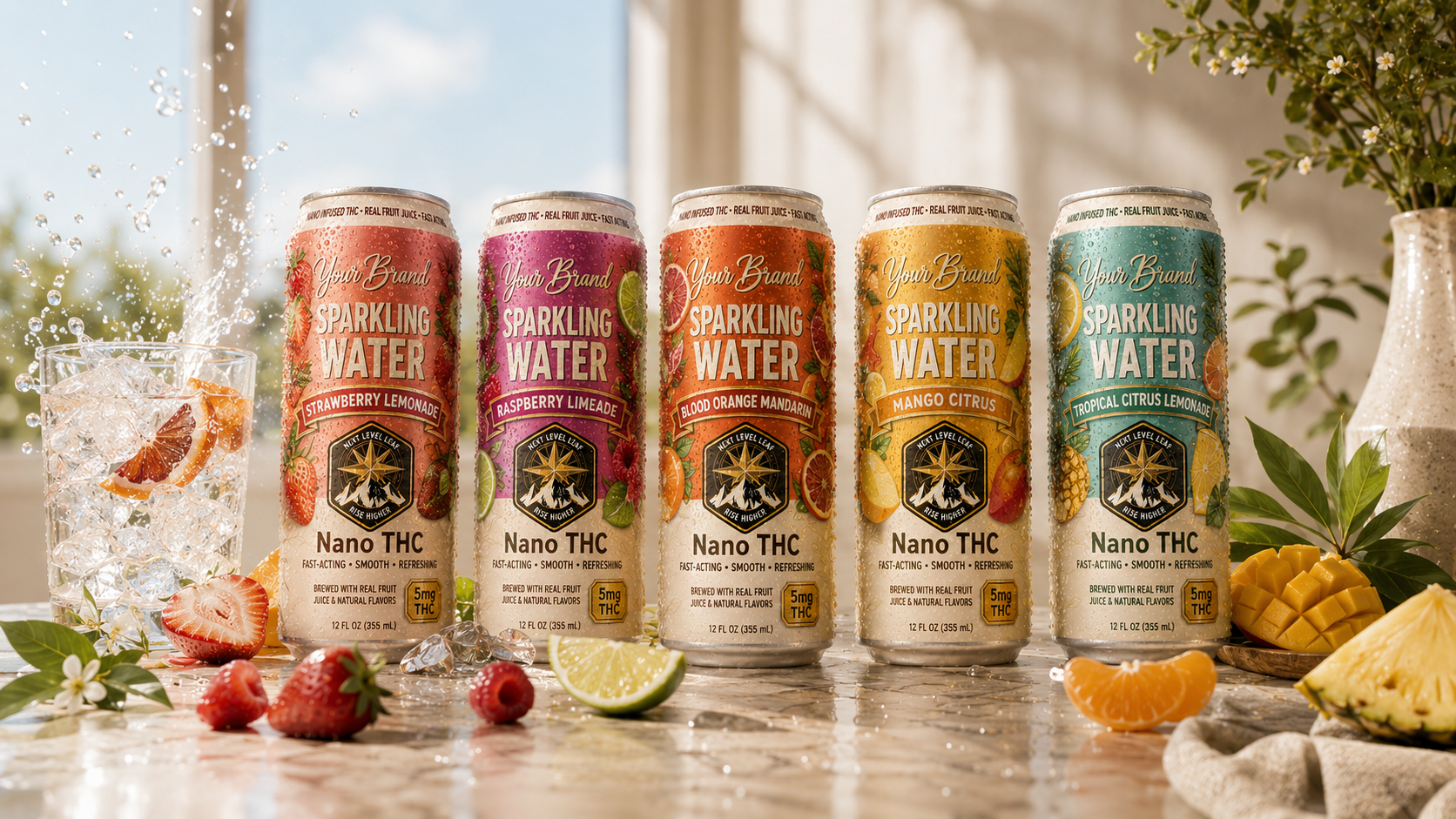 private-label real fruit THC drink cans displayed as a branded fruit-forward beverage lineup