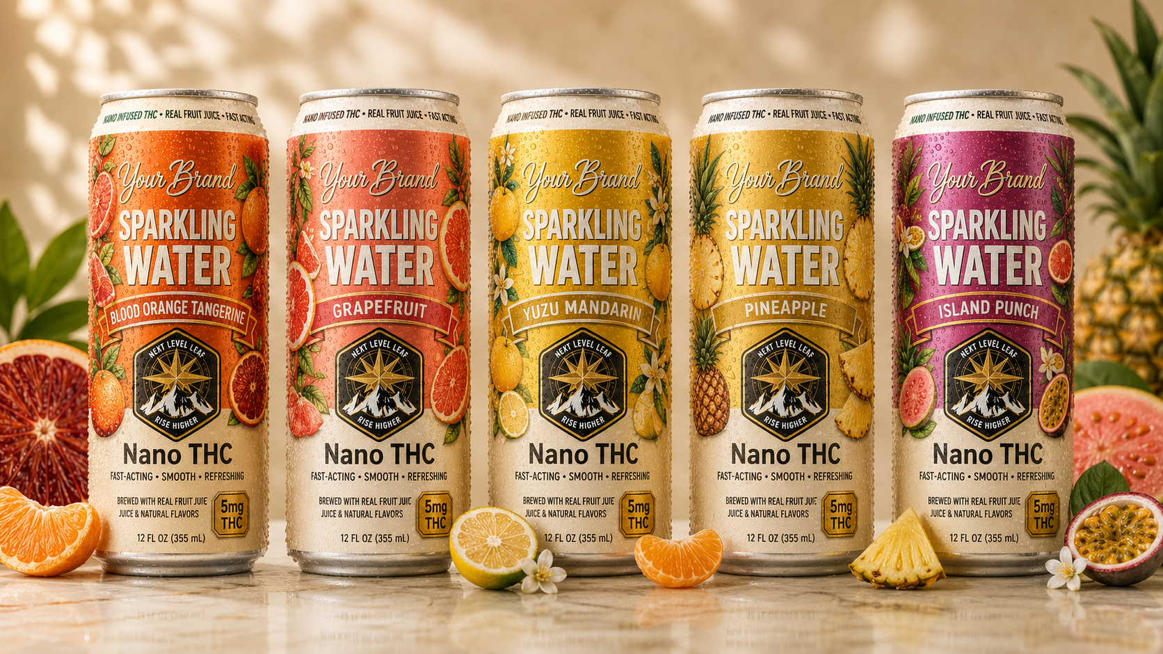 fruit-forward THC beverage cans on a countertop for ingredient and formulation planning