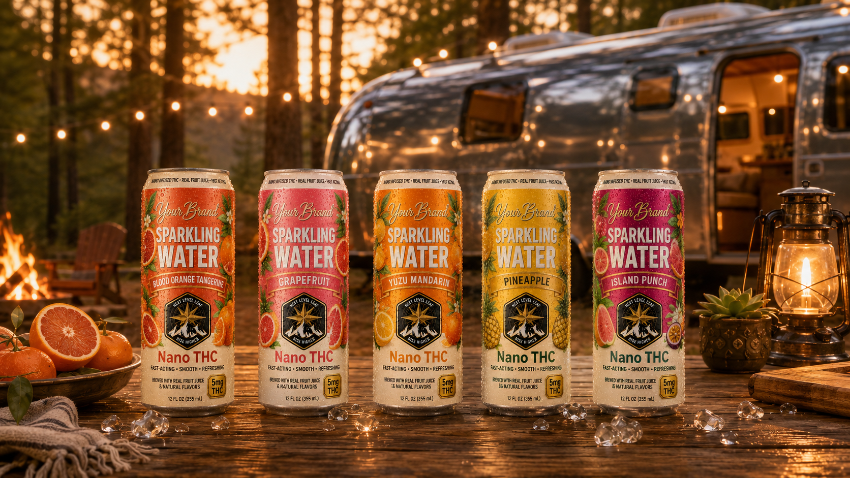 berry THC drink cans in a lifestyle glamping setting for adult beverage positioning