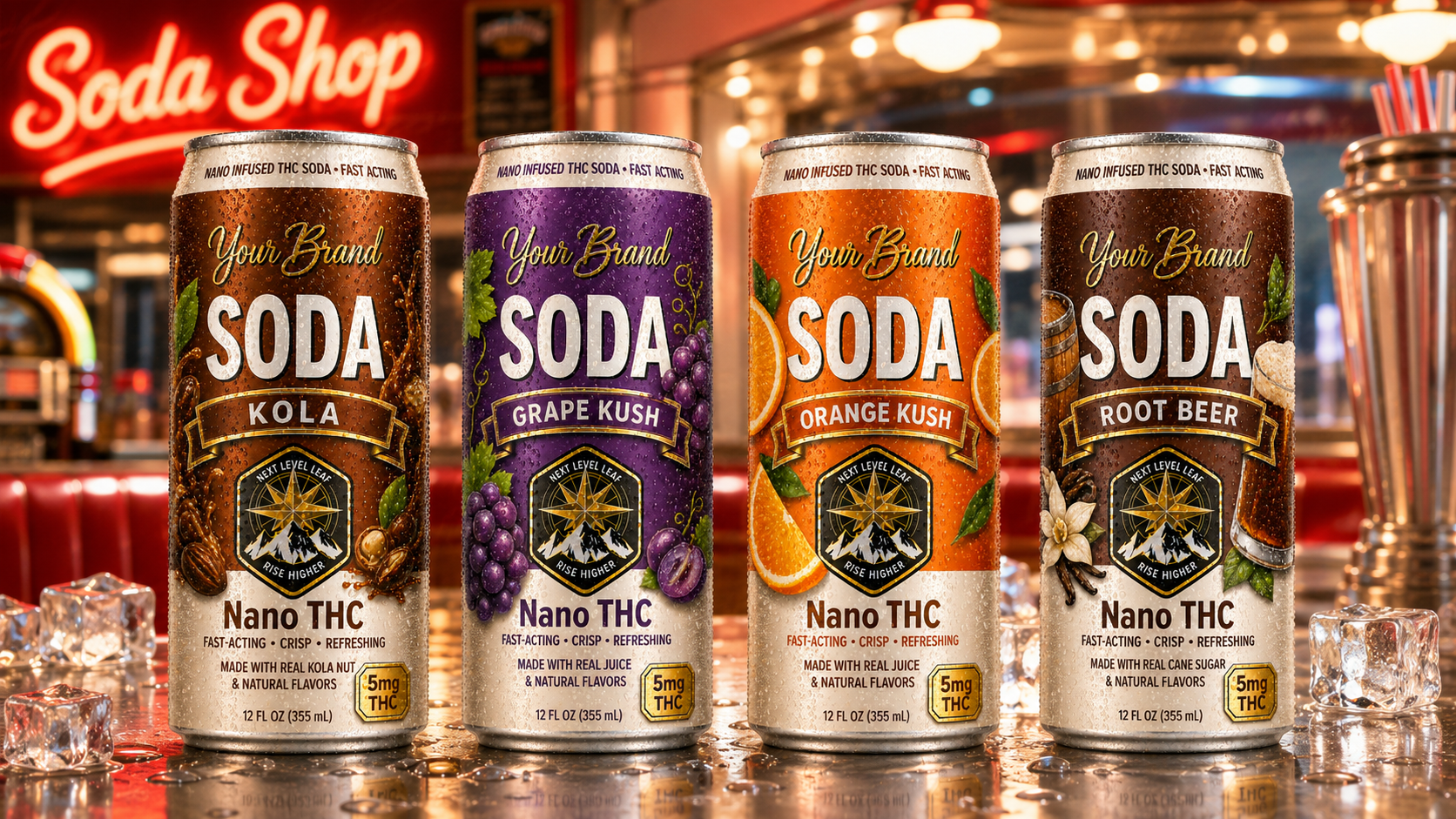 four-can THC soda flavor lineup with kola, grape, orange, and root beer cans