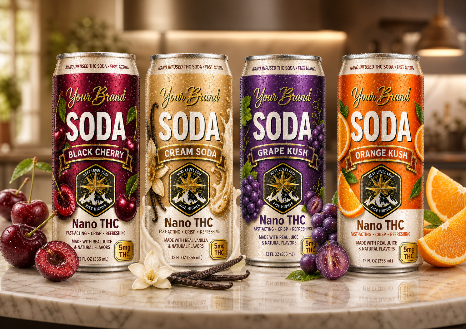 countertop lineup of THC soda cans including black cherry, cream soda, grape, and orange