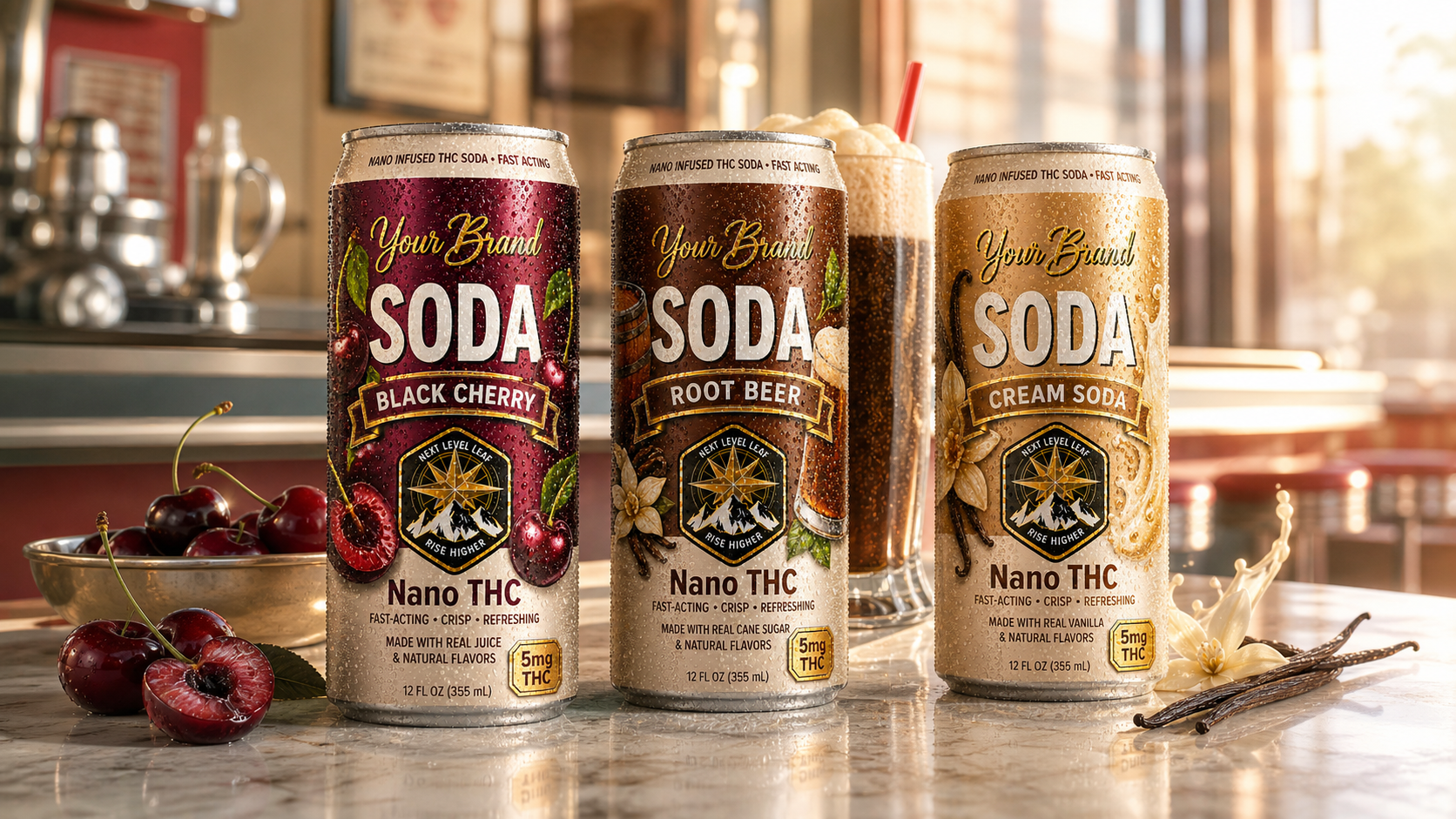three-can THC soda lineup for white-label soda manufacturing