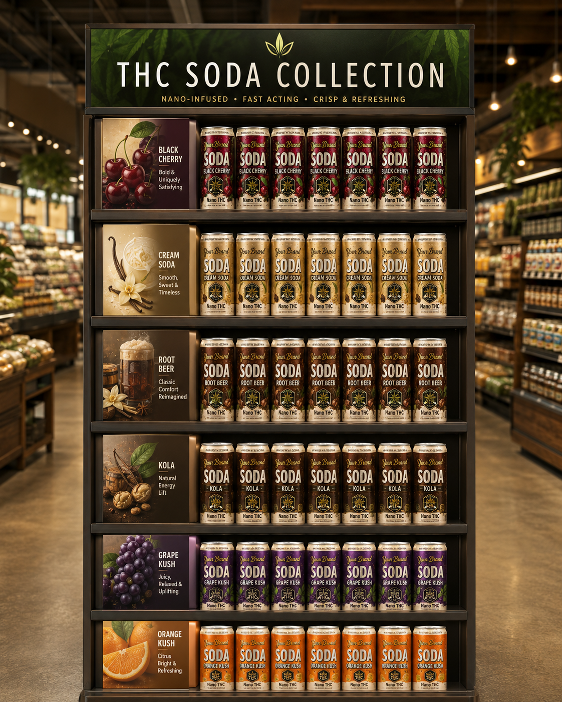 retail endcap display of THC soda flavors