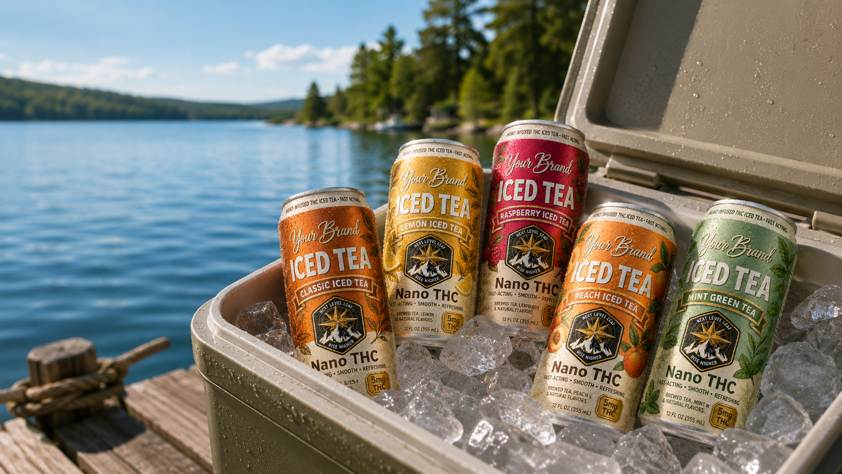 five flavor THC iced tea cooler on mountain lake for THC tea onset and dose strategy