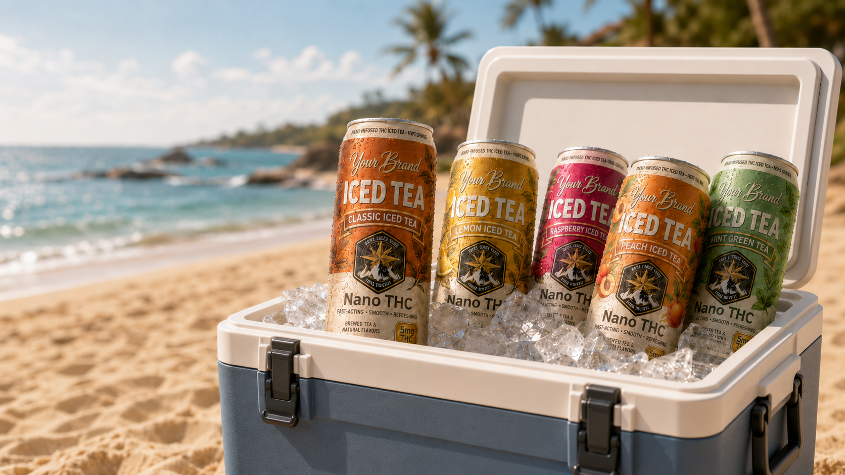 five THC iced tea flavors in a cooler on the beach for manufacturing and launch planning