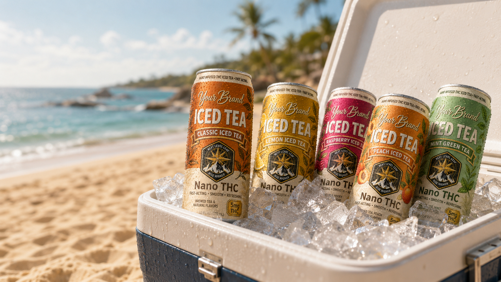 ready-to-drink THC iced tea cooler on beach for dose and occasion planning