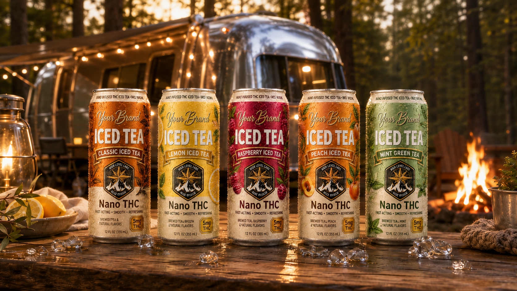five flavor THC iced tea lineup at glamping table for evening herbal infused tea occasion strategy
