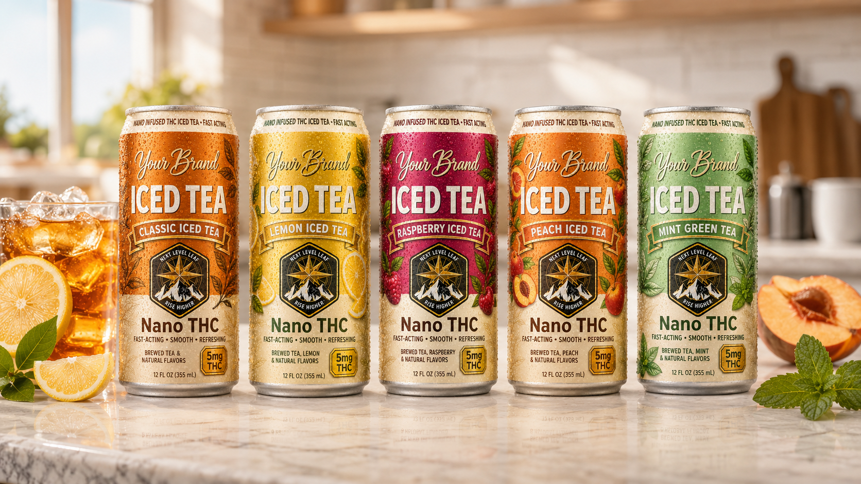 five flavor THC iced tea lineup on kitchen counter for dosing and product line strategy