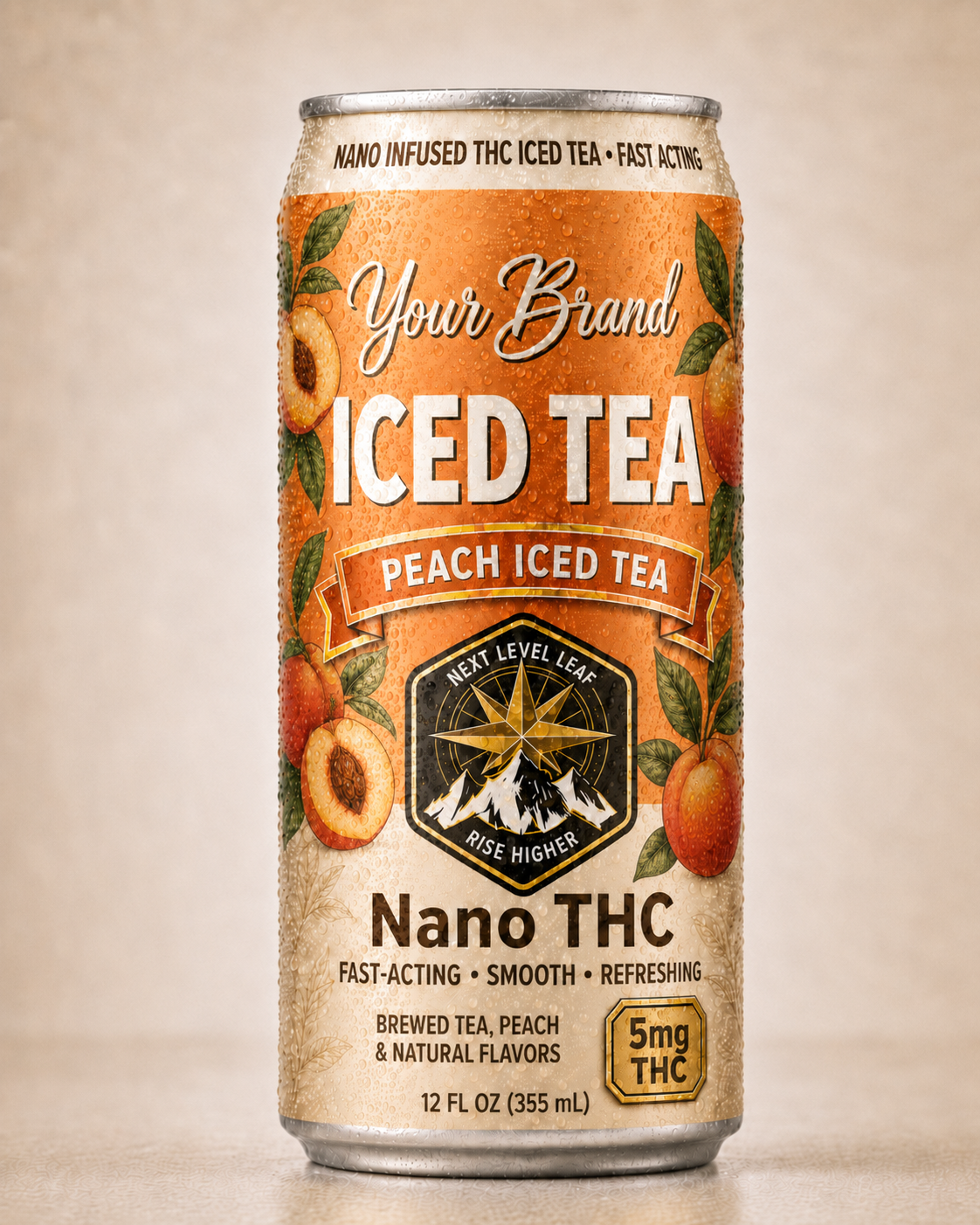 peach THC iced tea single can for herbal and botanical tea concepts